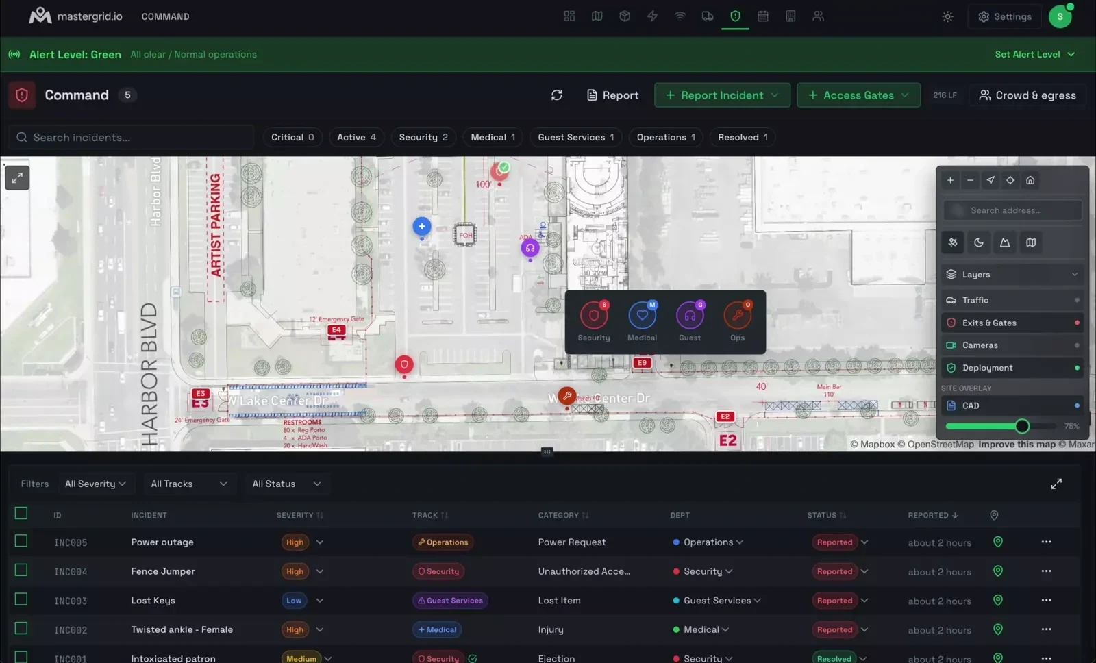 MasterGrid Command: a live event site map with geo-referenced incident markers across security, medical, guest services, and operations tracks, a right-click track picker, a layers panel for cameras, exits and gates, and CAD overlay, and a live incident table under a green alert banner.