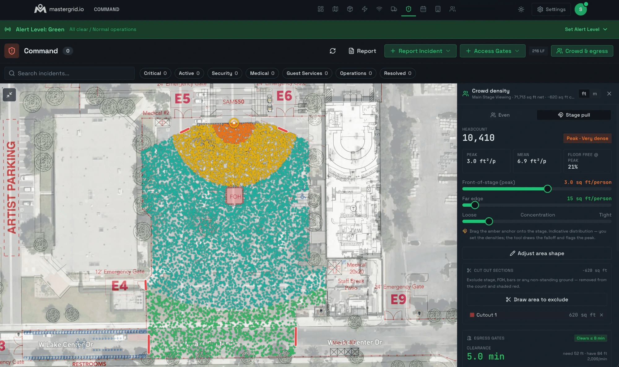 The Crowd Density Calculator in MasterGrid: a to-scale crowd drawn over the main-stage viewing area, shaded green through amber to red with the dense front-of-stage flagged Peak · Very dense — headcount 10,410, peak 3.0 ft²/person, mean 6.9 ft²/person, 21% floor free at peak, and egress gates clearing in 5.0 minutes.