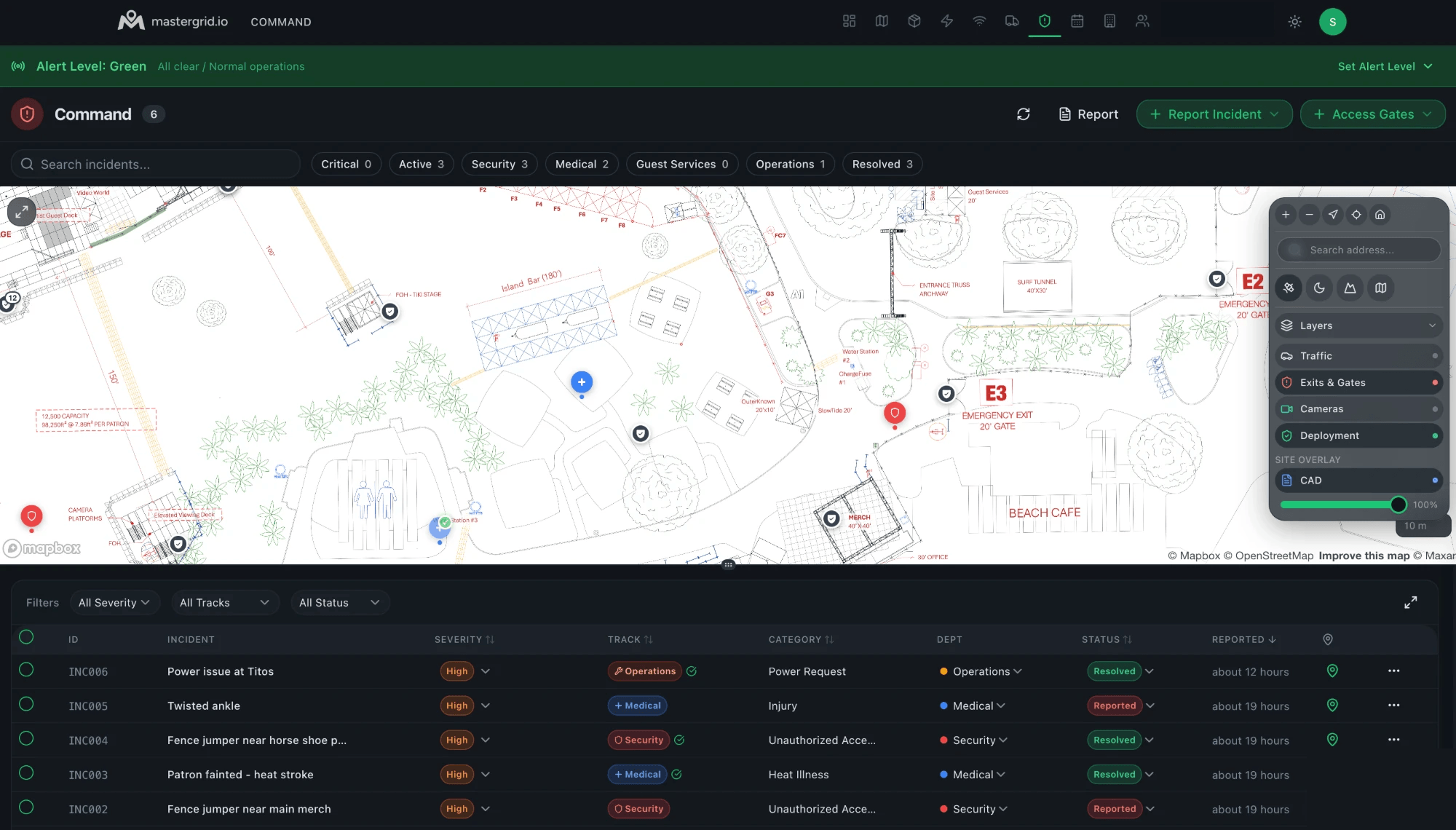 MasterGrid Command module: live site map with a geo-referenced CAD overlay, layers panel, and a NIMS-aligned incident list — alert level green, every incident tracked by severity, track, and status