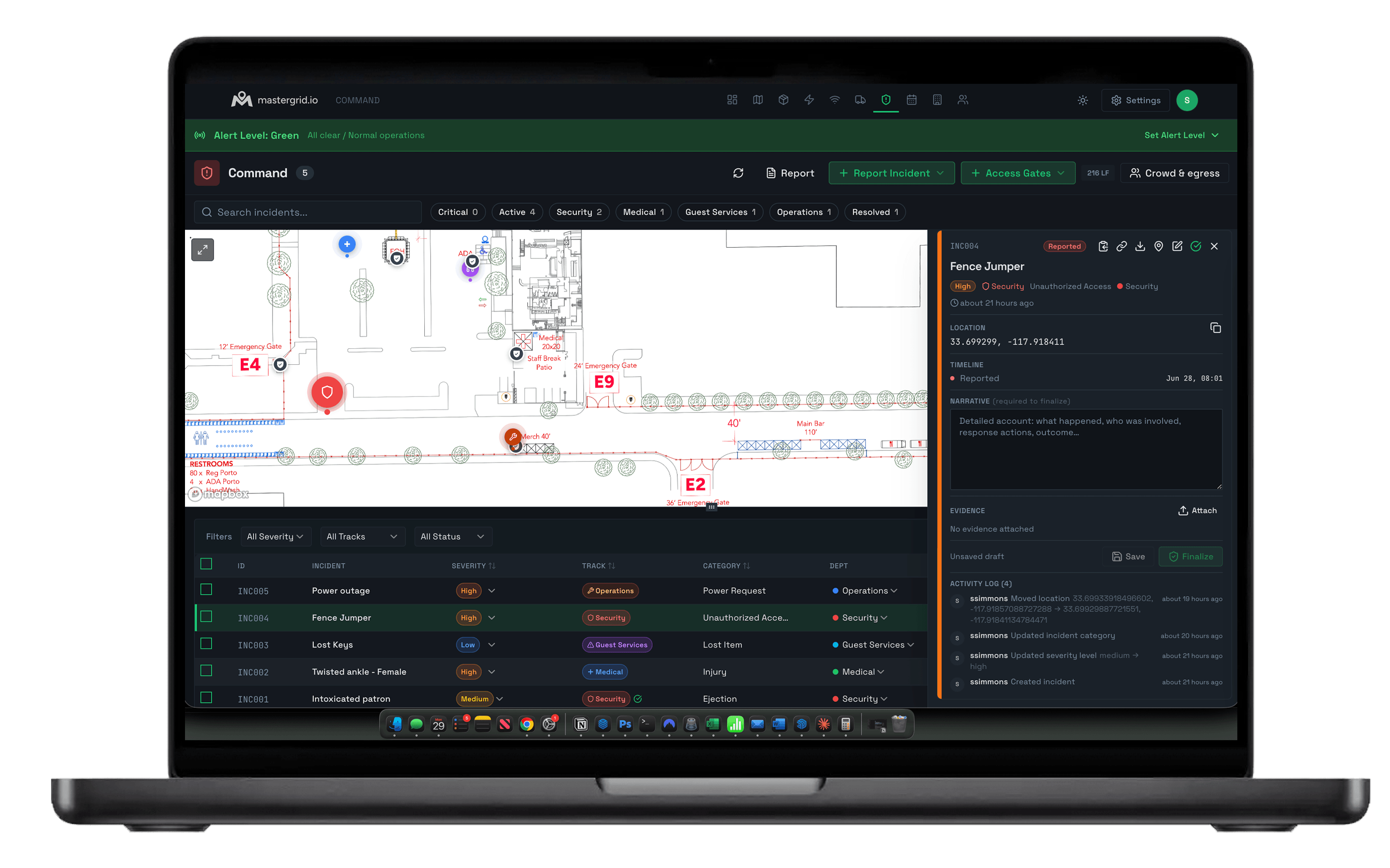 MasterGrid Command running on a laptop: a live event site map with geo-referenced incident markers, a layers panel, an open incident detail panel, and a NIMS-aligned incident list under a green alert banner.