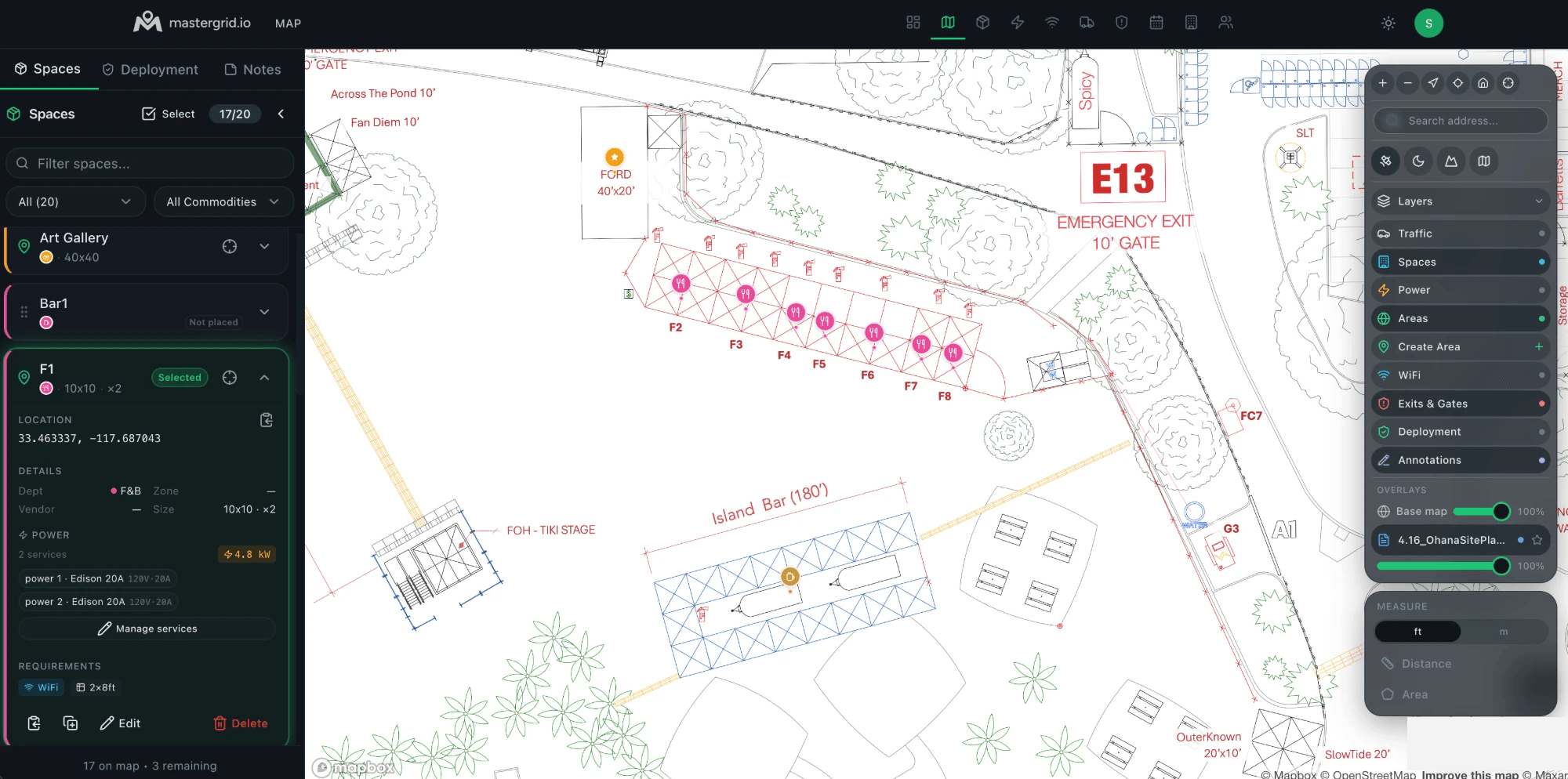 MasterGrid map view: a geo-referenced CAD site plan with the Spaces panel open — a selected space carrying GPS coordinates, department, power services, and WiFi requirements