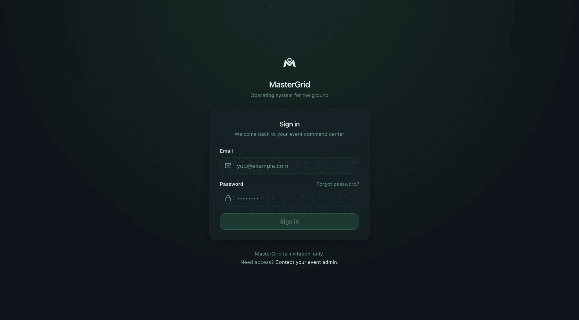 MasterGrid sign-in screen — invitation-only access: named, authorized users sign in to the event command center; no public links, no emailed site plans