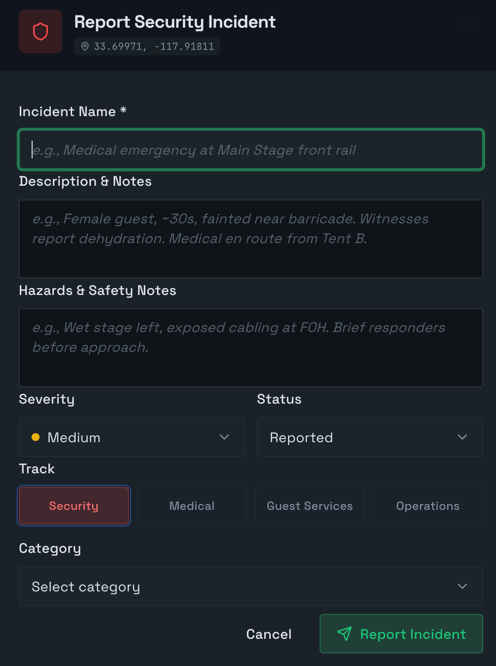 Report Security Incident form: incident name, description and notes, hazards and safety notes, severity (Medium), status (Reported), an operational track selector — Security, Medical, Guest Services, Operations — and a category dropdown, geotagged to the incident location.