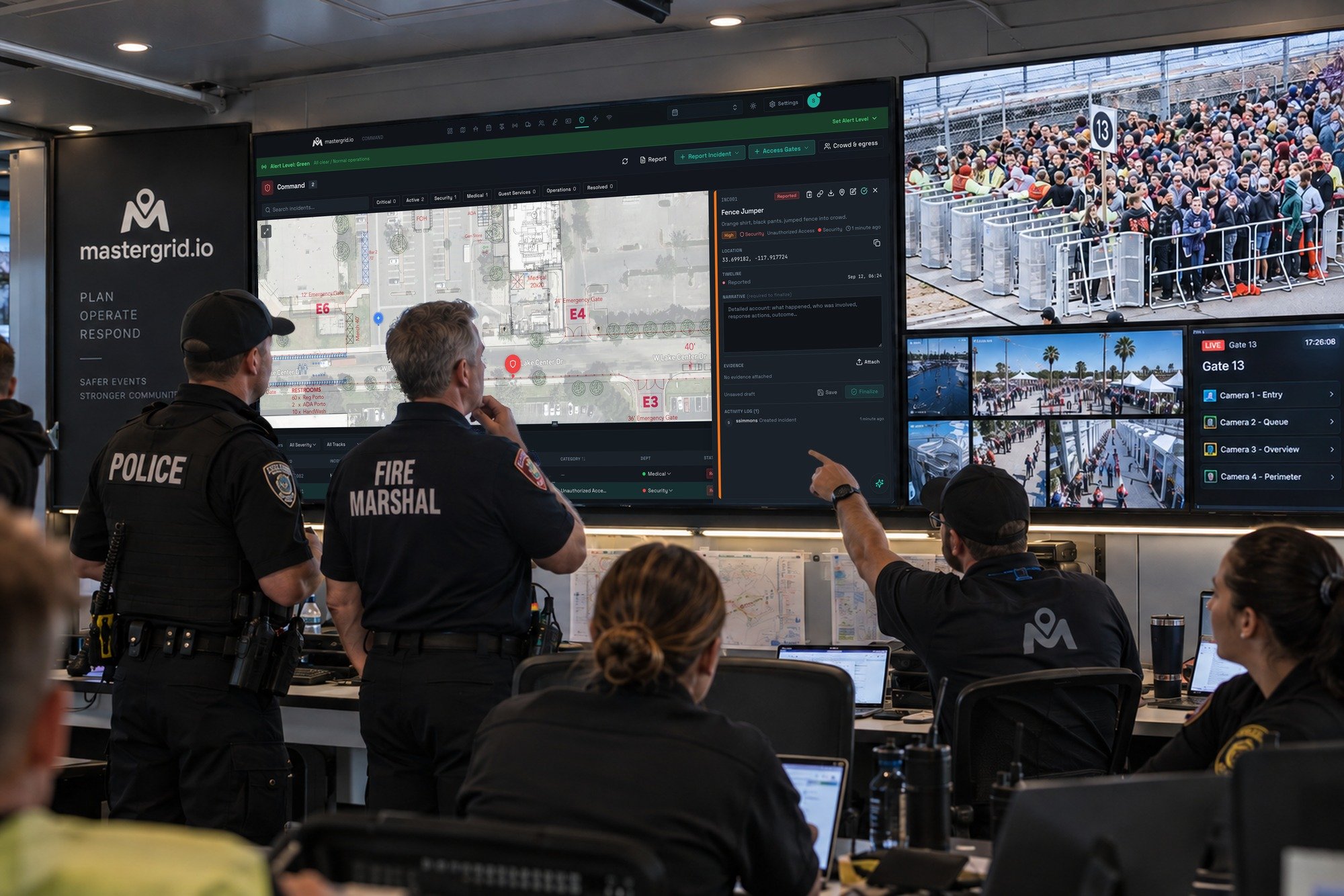 A unified command office: a police officer and a fire marshal read MasterGrid Command on the wall screen, an incident pinned to the site plan beside its report, with live camera feeds of the gate queues on the screens to the right
